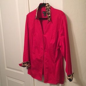 Red blouse with leopard detail.